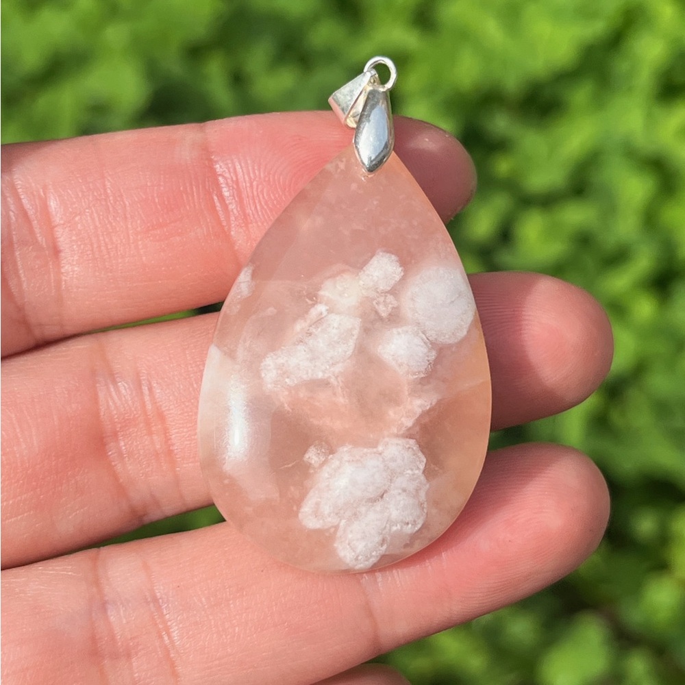Sterling silver pink flower agate teardrop‎ pendant